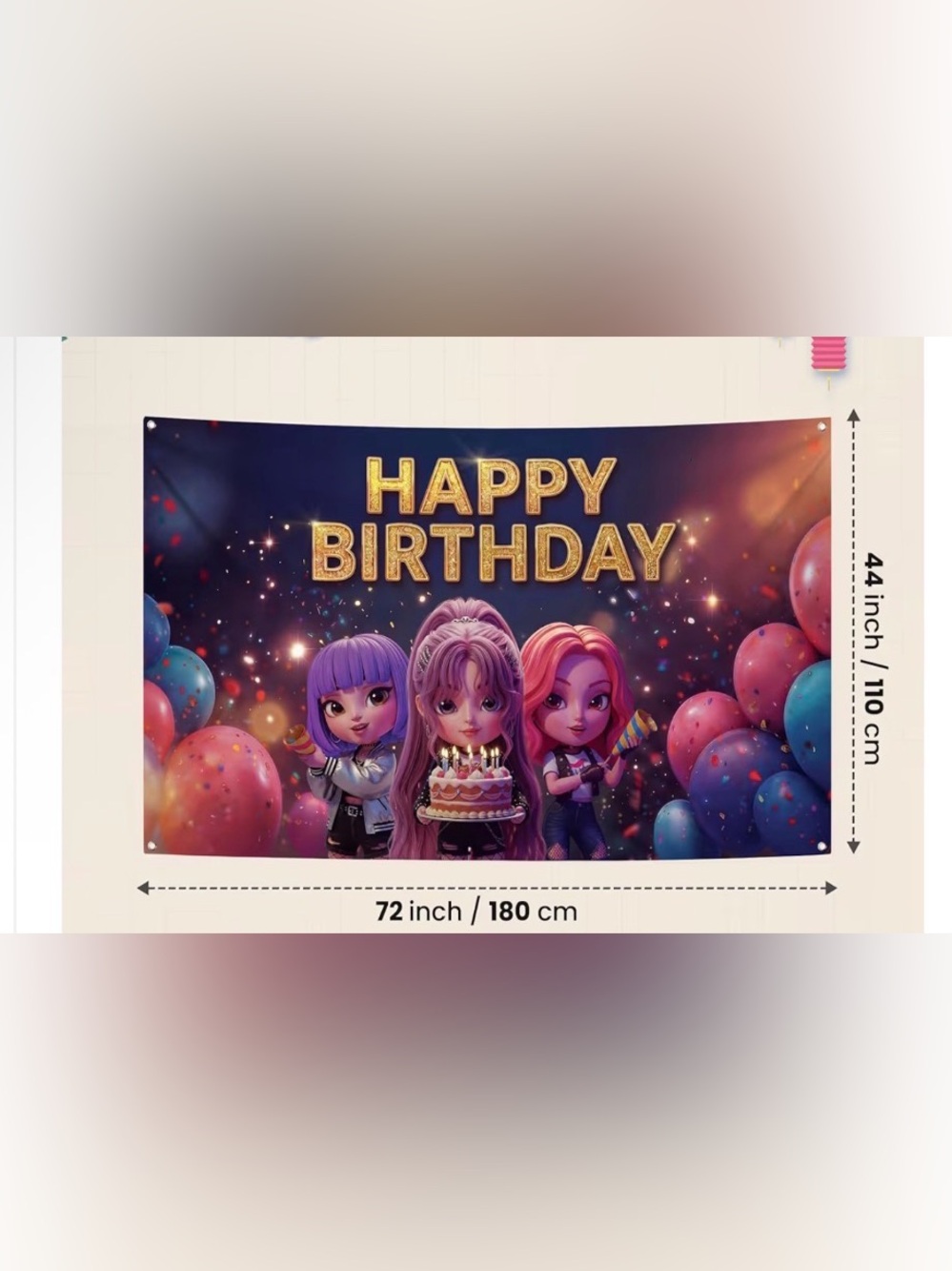 Happy Birthday Party Backdrop with Pink and Multicolor Characters. Kpop Demon